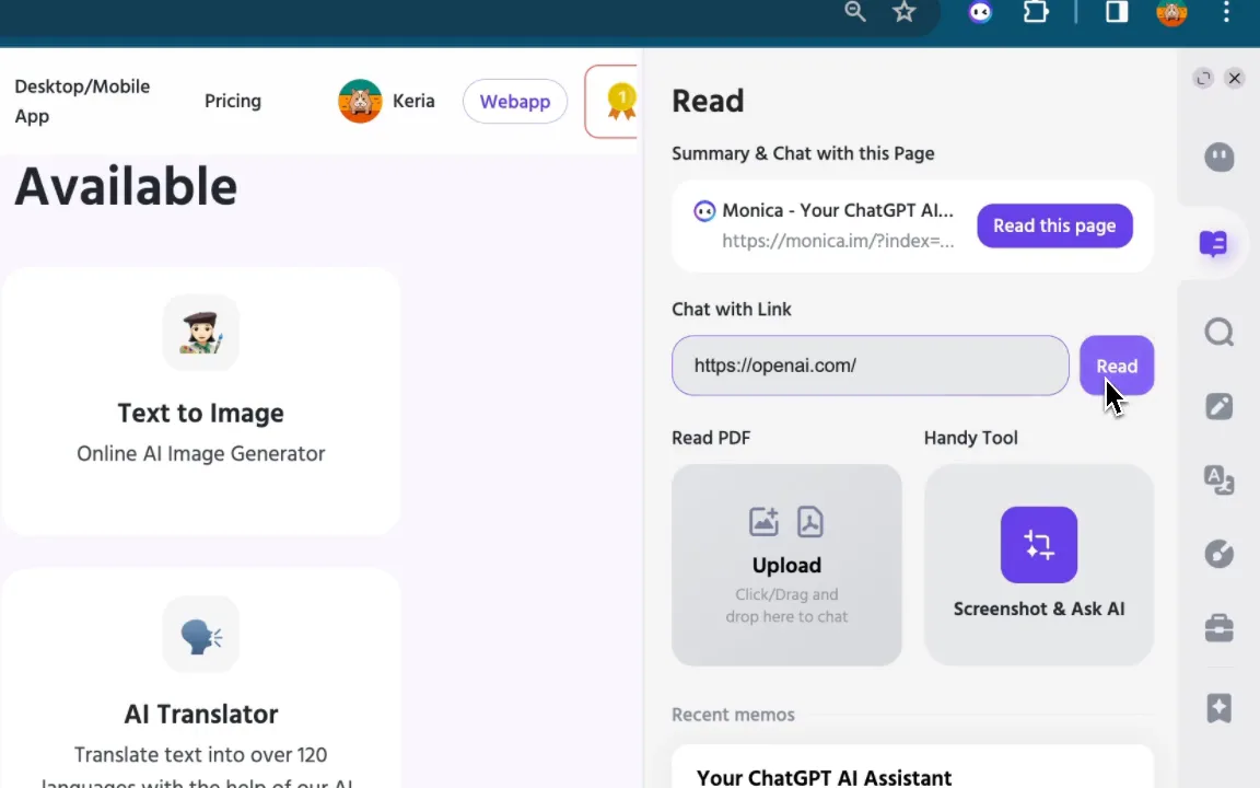 Monica's Chrome sidebar open over a webpage, showing entry points for reading the current page, chatting with a URL, uploading a PDF, and the Screenshot & Ask AI tool.
